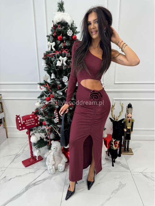 Bordowa sukienka midi jeden rękaw z wycięciem w talii i różą ANTONIA 26 - photo #3