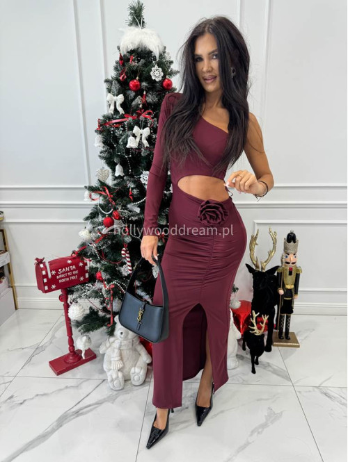 Bordowa sukienka midi jeden rękaw z wycięciem w talii i różą ANTONIA 26 - photo #6