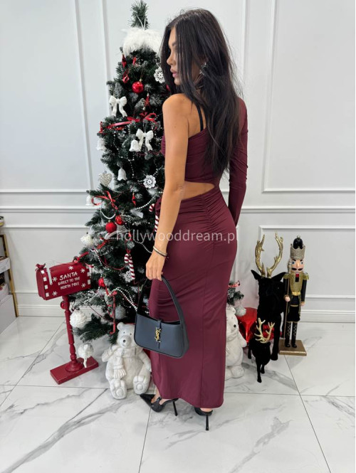 Bordowa sukienka midi jeden rękaw z wycięciem w talii i różą ANTONIA 26 - photo #7