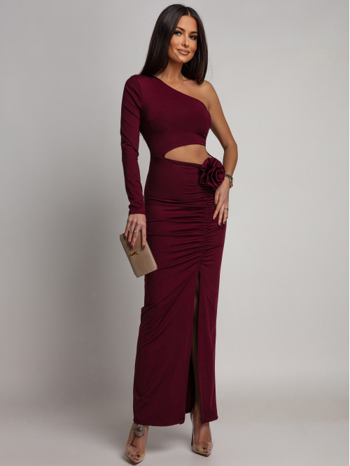 Bordowa sukienka midi jeden rękaw z wycięciem w talii i różą ANTONIA 26 - photo #9