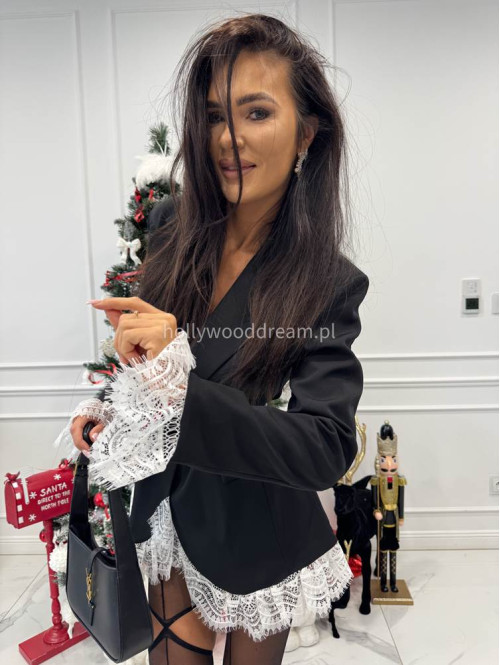 Czarna sukienka marynarka z białymi koronkowymi wstawkami NINA 17 - photo #9