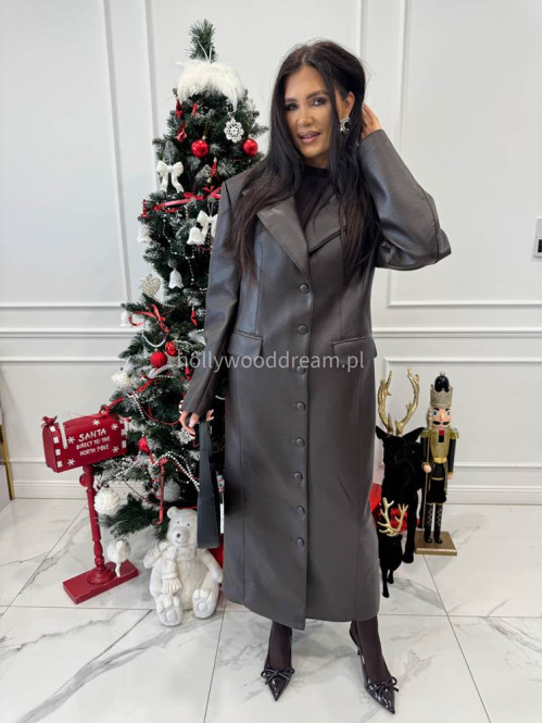 Brązowy długi płaszcz z guzikami po całości i kieszeniami ARTEMIS 25 - photo #3