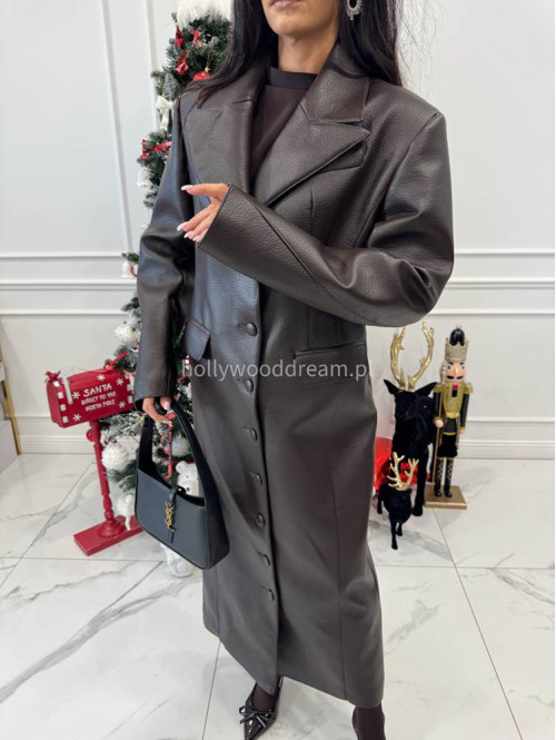 Brązowy długi płaszcz z guzikami po całości i kieszeniami ARTEMIS 25 - photo #7