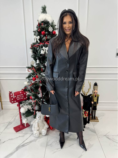 Czarny długi płaszcz z guzikami po całości i kieszeniami ARTEMIS 25 - photo #3