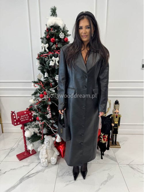 Czarny długi płaszcz z guzikami po całości i kieszeniami ARTEMIS 25 - photo #4