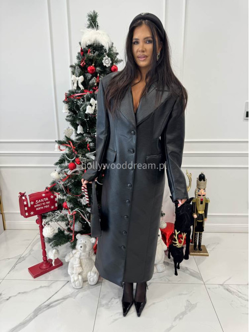 Czarny długi płaszcz z guzikami po całości i kieszeniami ARTEMIS 25 - photo #7