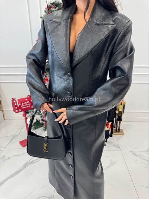 Czarny długi płaszcz z guzikami po całości i kieszeniami ARTEMIS 25 - photo #10