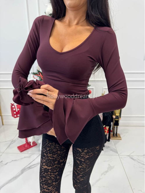 Śliwkowa bluzka prążkowana z rozszerzanymi rękawami i różami BELLA 196 - photo #1