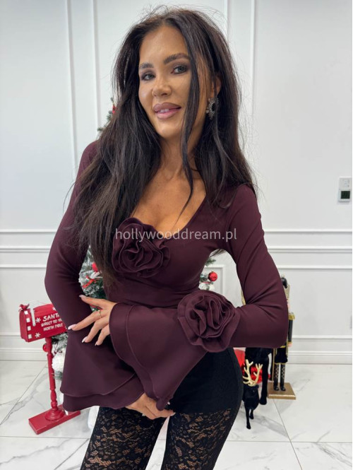 Śliwkowa bluzka prążkowana z rozszerzanymi rękawami i różami BELLA 196 - photo #5