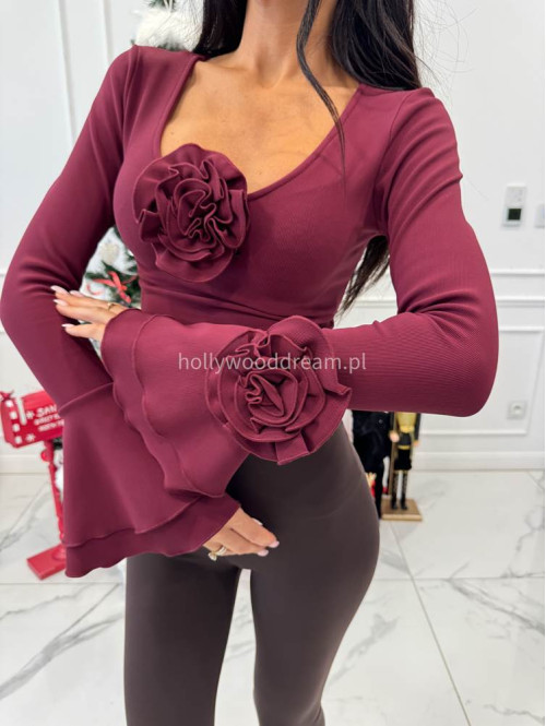 Bordowa bluzka prążkowana z rozszerzanymi rękawami i różami BELLA 196 - photo #2