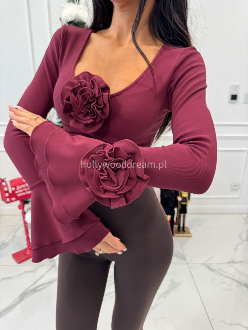 Bordowa bluzka prążkowana z rozszerzanymi rękawami i różami BELLA 196 - photo #3