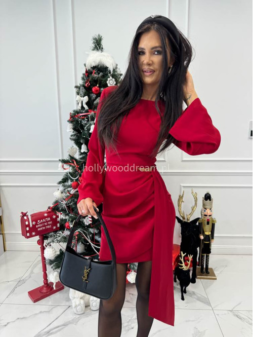 Czerwona sukienka mini z wycięciem w talii i szarfą NOIR 196 - photo #7