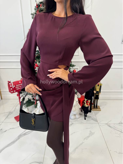 Śliwkowa sukienka mini z wycięciem w talii i szarfą NOIR 196 - photo #5