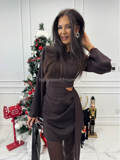 Czekoladowa sukienka mini z wycięciem w talii i szarfą NOIR 196 - photo #14