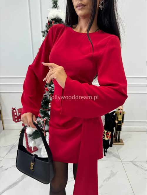 Czerwona sukienka mini z wycięciem w talii i szarfą NOIR 196 - photo #9