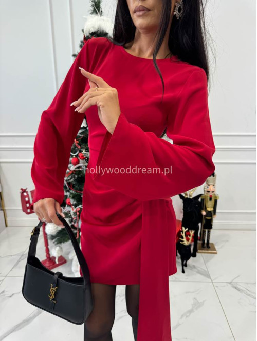 Czerwona sukienka mini z wycięciem w talii i szarfą NOIR 196 - photo #11