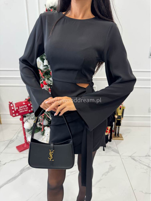 Czarna sukienka mini z wycięciem w talii i szarfą NOIR 196 - photo #1