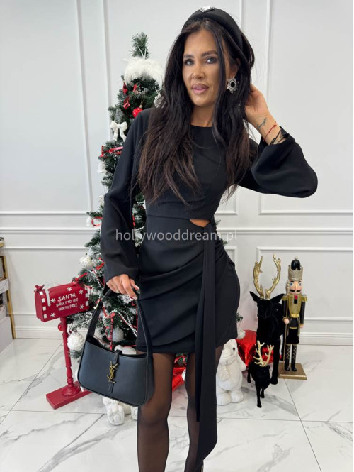 Czarna sukienka mini z wycięciem w talii i szarfą NOIR 196 - photo #4