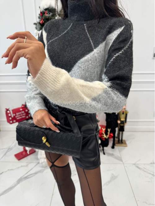 Grafitowo-szaro-beżowy sweter z golfem we wzory JEREMI 06 - photo #1