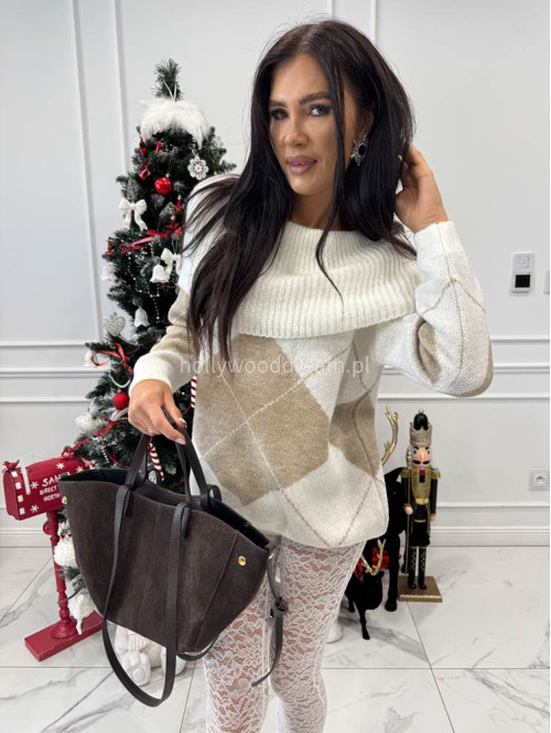 Kremowo beżowy sweter hiszpanka oversize ze wzorem LEO 19 - photo #3