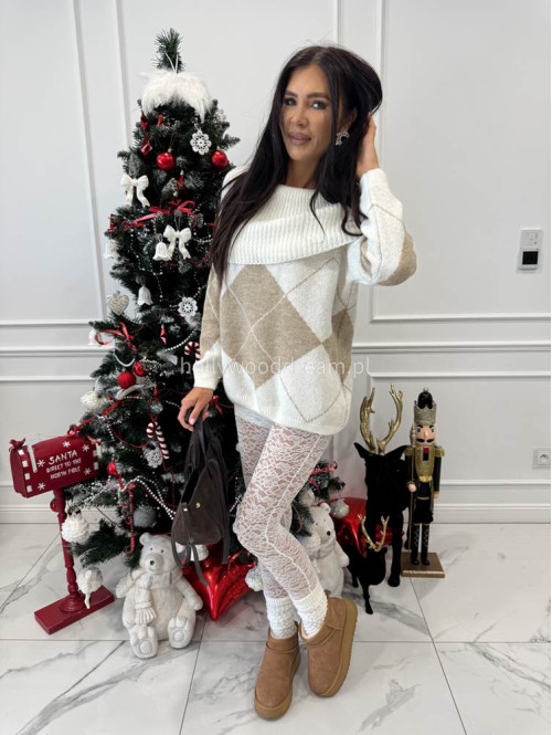 Kremowo beżowy sweter hiszpanka oversize ze wzorem LEO 19 - photo #4