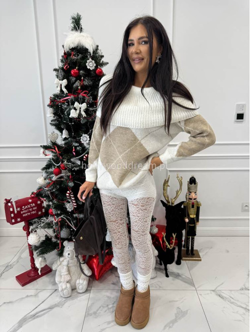 Kremowo beżowy sweter hiszpanka oversize ze wzorem LEO 19 - photo #5