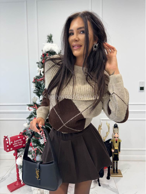 Beżowo czekoladowy sweter hiszpanka oversize ze wzorem LEO 19 - photo #10