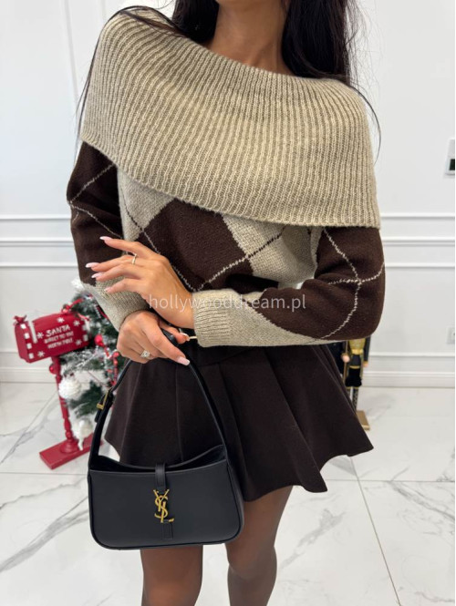 Beżowo czekoladowy sweter hiszpanka oversize ze wzorem LEO 19 - photo #11