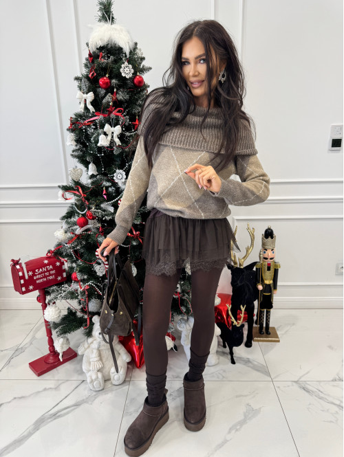 Mokka beżowy sweter hiszpanka oversize ze wzorem LEO 19