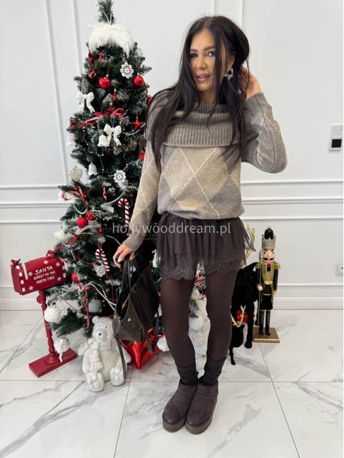 Mokka beżowy sweter hiszpanka oversize ze wzorem LEO 19 - photo #2