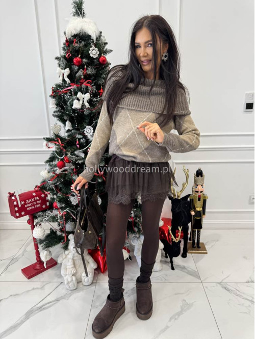 Mokka beżowy sweter hiszpanka oversize ze wzorem LEO 19 - photo #4