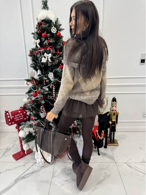 Mokka beżowy sweter hiszpanka oversize ze wzorem LEO 19 - photo #5