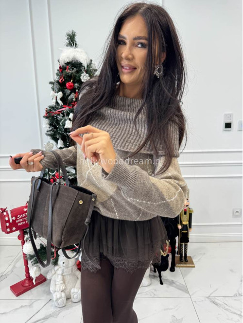 Mokka beżowy sweter hiszpanka oversize ze wzorem LEO 19 - photo #6