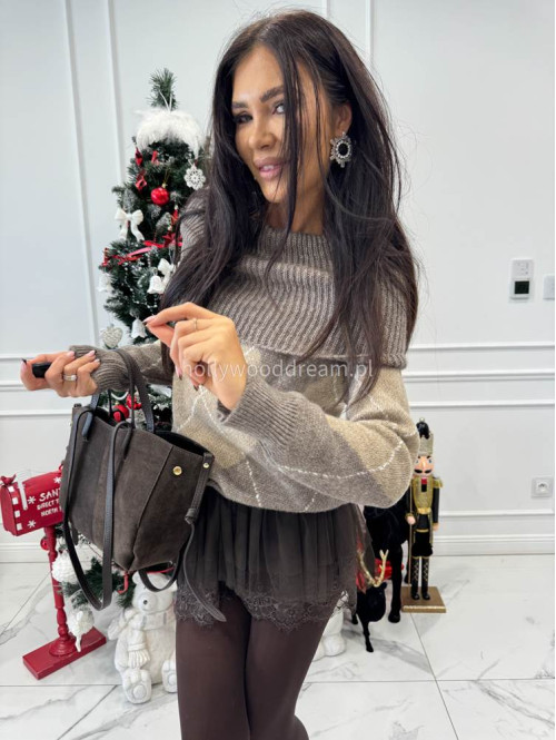 Mokka beżowy sweter hiszpanka oversize ze wzorem LEO 19 - photo #7