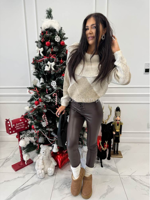 Jasno beżowo beżowy sweter hiszpanka oversize ze wzorem LEO 19 - photo #3