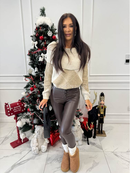 Jasno beżowo beżowy sweter hiszpanka oversize ze wzorem LEO 19 - photo #4