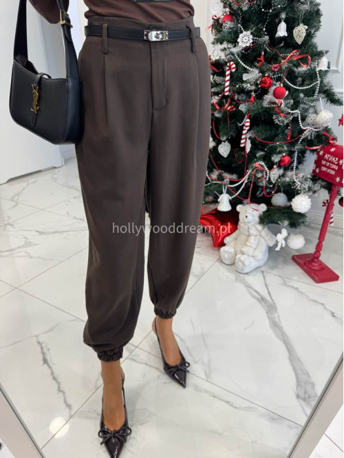 Czekoladowe szerokie spodnie ze ściągaczami przy nogawkach ze szlufkami BARTI 19 - photo #5