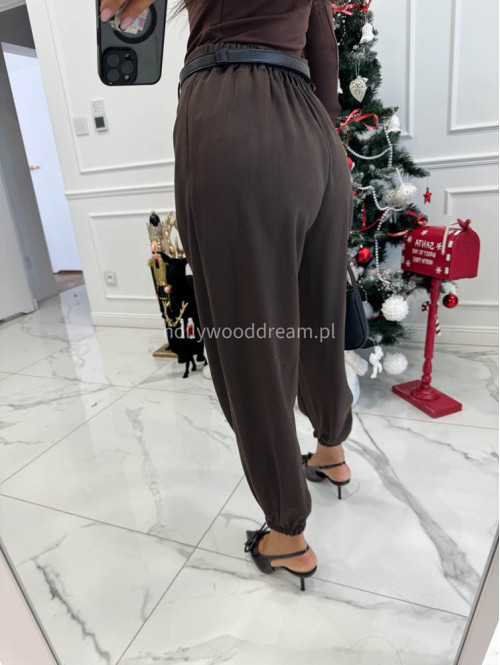 Czekoladowe szerokie spodnie ze ściągaczami przy nogawkach ze szlufkami BARTI 19 - photo #7