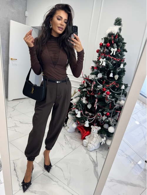 Czekoladowe szerokie spodnie ze ściągaczami przy nogawkach ze szlufkami BARTI 19 - photo #8