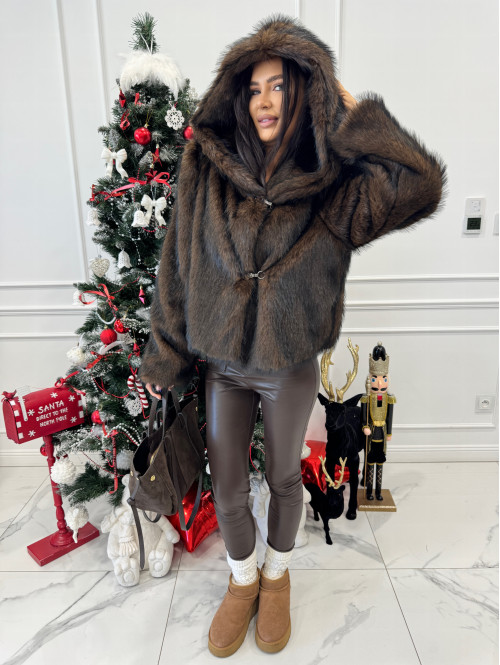 Brązowo-czarne futro z kapturem eko lis Noah 69