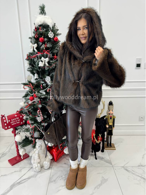 Brązowo-czarne futro z kapturem eko lis Noah 69 - photo #2