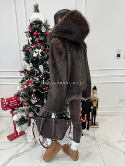 Brązowo-czarne futro z kapturem eko lis Noah 69 - photo #3