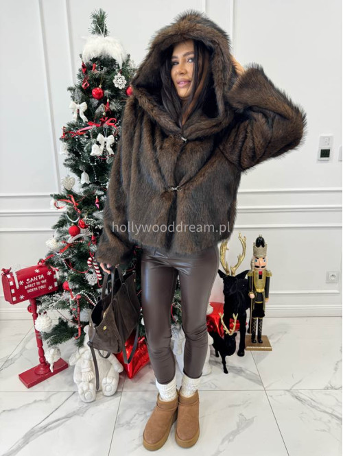 Brązowo-czarne futro z kapturem eko lis Noah 69 - photo #5