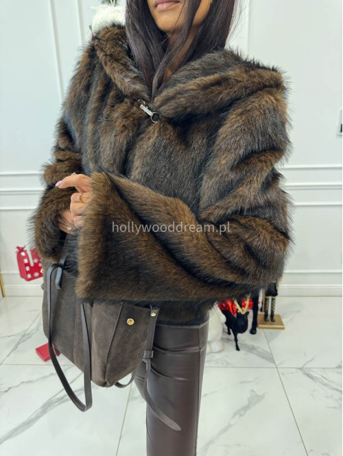 Brązowo-czarne futro z kapturem eko lis Noah 69 - photo #8