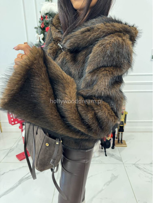 Brązowo-czarne futro z kapturem eko lis Noah 69 - photo #9