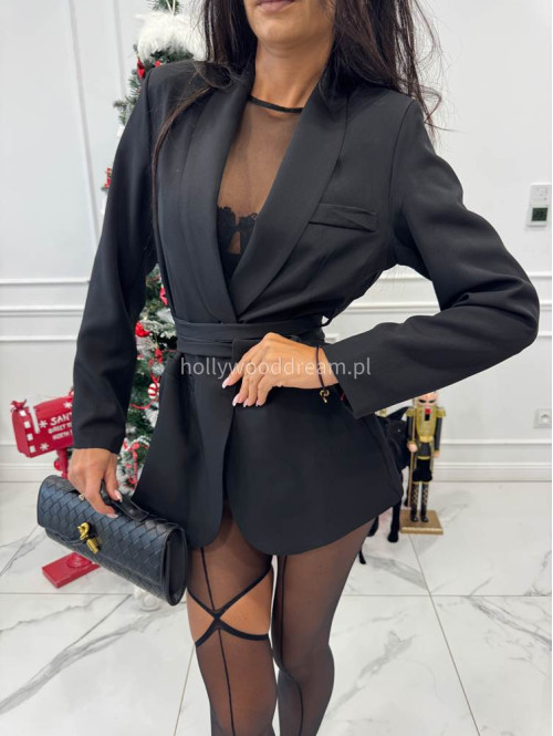 Czarna marynarka z wiązanym paskiem i imitacją kieszeni OTYLIA 19 - photo #9