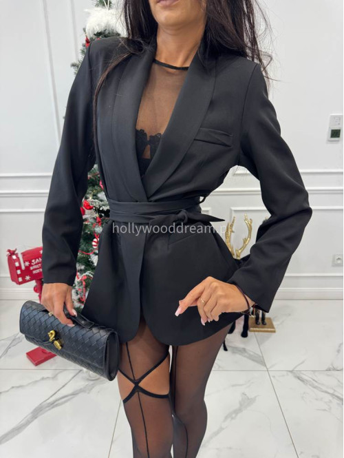 Czarna marynarka z wiązanym paskiem i imitacją kieszeni OTYLIA 19 - photo #10