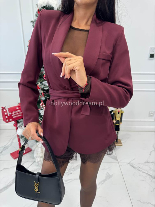 Bordowa marynarka z wiązanym paskiem i imitacją kieszeni OTYLIA 19 - photo #8