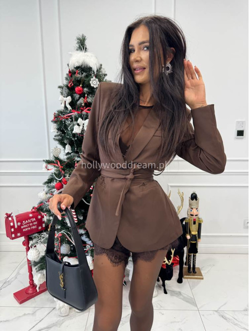 Brązowa marynarka z wiązanym paskiem i imitacją kieszeni OTYLIA 19 - photo #2