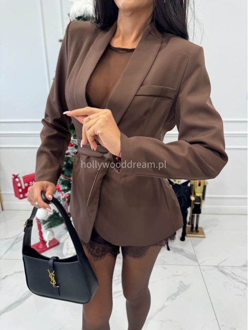Brązowa marynarka z wiązanym paskiem i imitacją kieszeni OTYLIA 19 - photo #3